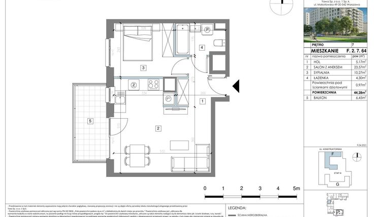 Rzut - Mieszkanie na sprzedaż 2 pokoje o powierzchni 44,28 m² - numer F.2.7.64 w Pozytywny Mokotów III