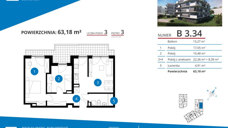 Rzut - Mieszkanie na sprzedaż 3 pokoje o powierzchni 63,18 m² - numer B 3.34 w Osiedle Przystań