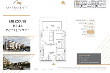 Rzut - Mieszkanie na sprzedaż 2 pokoje o powierzchni 35,71 m² - numer B1.4.4 w Apartamenty Nowe Miasto