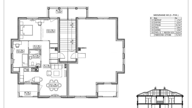 Rzut - Mieszkanie na sprzedaż 3 pokoje o powierzchni 70,74 m² - numer 39.2. w Ogrody Tesoro VI