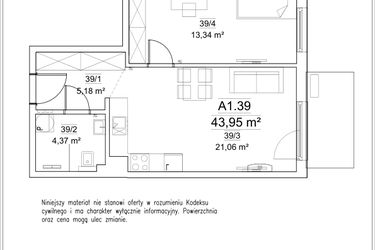 Rzut - Mieszkanie na sprzedaż 2 pokoje o powierzchni 43,95 m² - numer A1.39 w FORTnatura