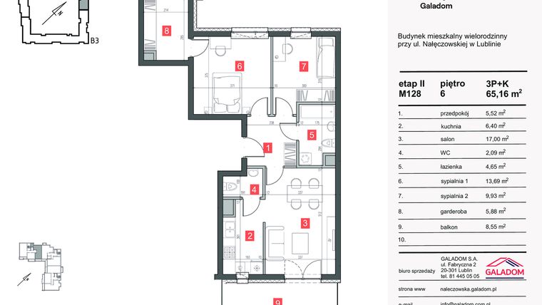 Rzut - Mieszkanie na sprzedaż 3 pokoje o powierzchni 65,16 m² - numer M-128 w Nałęczowska etap II