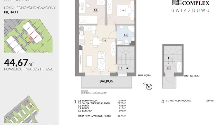 Rzut - Mieszkanie na sprzedaż 3 pokoje o powierzchni 44,67 m² - numer A63.2 w Osiedle Gwiazdowo etap 6B