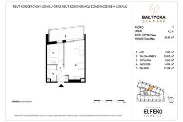 Rzut - Mieszkanie na sprzedaż 2 pokoje o powierzchni 38,35 m² - numer A.2.4 w Bałtycka Sea Park