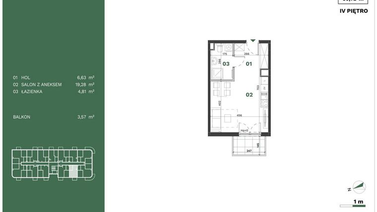 Rzut - Mieszkanie na sprzedaż 1 pokój o powierzchni 30,72 m² - numer 64 w Przewóz Solar Garden