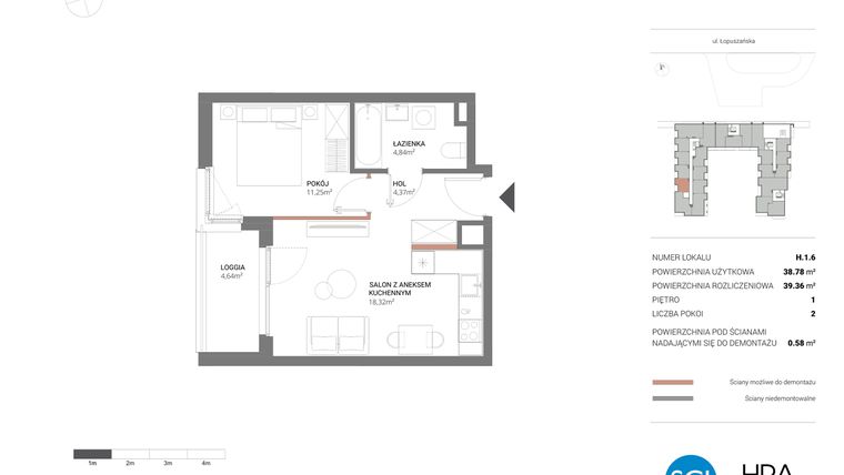 Rzut - Mieszkanie na sprzedaż 2 pokoje o powierzchni 39,36 m² - numer H.1.6 w Łopuszańska 47 - etap 3