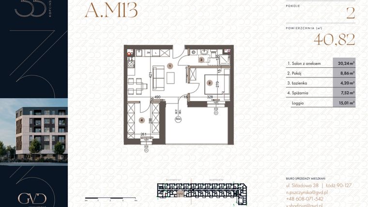 Rzut - Mieszkanie na sprzedaż 2 pokoje o powierzchni 40,82 m² - numer A.M13 w Kopcińskiego 33