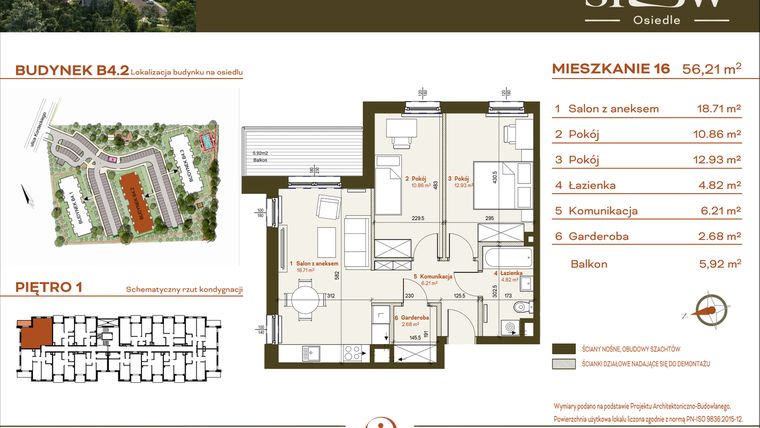Rzut - Mieszkanie na sprzedaż 3 pokoje o powierzchni 56,21 m² - numer B4.2.16 w Osiedle SLOW