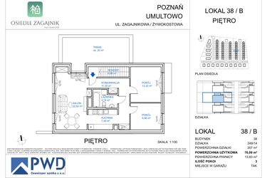 Rzut - Mieszkanie na sprzedaż 3 pokoje o powierzchni 76,09 m² - numer 38B w Osiedle Zagajnik - etap I