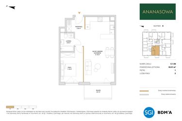 Rzut - Mieszkanie na sprzedaż 2 pokoje o powierzchni 53,91 m² - numer C.1.04 w Ananasowa