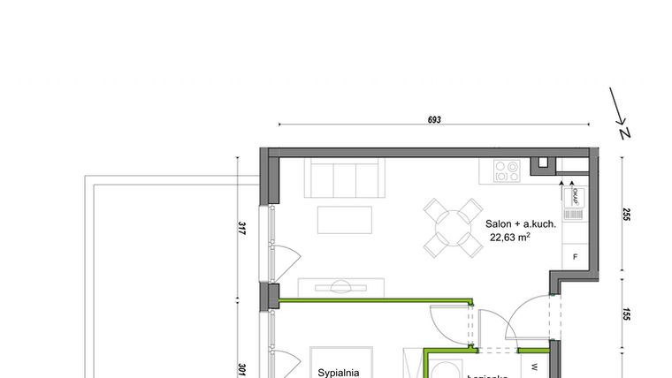 Rzut - Mieszkanie na sprzedaż 2 pokoje o powierzchni 38,24 m² - numer F1/C/01 w Orawska Vita