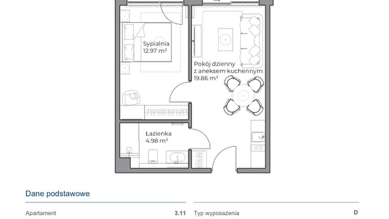 Rzut - Mieszkanie na sprzedaż 2 pokoje o powierzchni 37,58 m² - numer B.3.11 w Anchoria Holiday