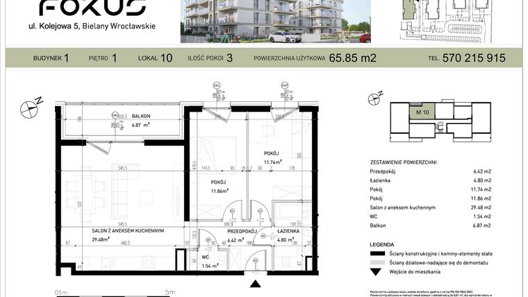 Rzut - Mieszkanie na sprzedaż 3 pokoje o powierzchni 65,85 m² - numer I.10 w Fokus Bielany