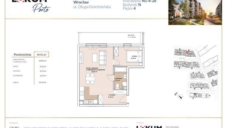 Rzut - Mieszkanie na sprzedaż 2 pokoje o powierzchni 49,91 m² - numer N1-4-26 w Lokum Porto etap V bud. N