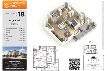 Rzut - Mieszkanie na sprzedaż 3 pokoje o powierzchni 60,43 m² - numer 18 w Słoneczne Tarasy II etap 2