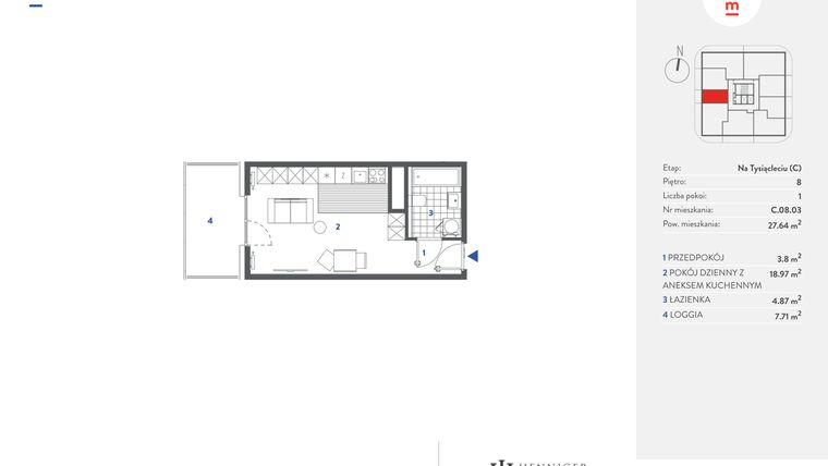 Rzut - Mieszkanie na sprzedaż 1 pokój o powierzchni 27,63 m² - numer C.08.03 w Mieszkaj w mieście - Na Tysiącleciu budynek C