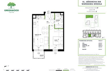 Rzut - Mieszkanie na sprzedaż 2 pokoje o powierzchni 39,43 m² - numer B 37 w Greenwood Park