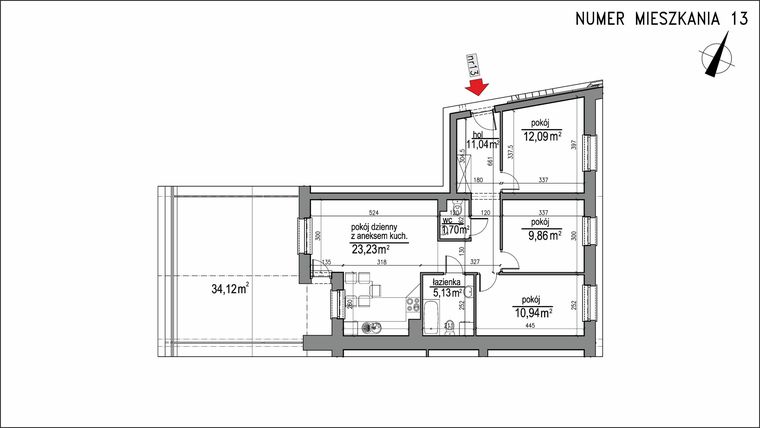 Rzut - Mieszkanie na sprzedaż 4 pokoje o powierzchni 73,99 m² - numer 3m.13 w Osiedle Rytm etap 2