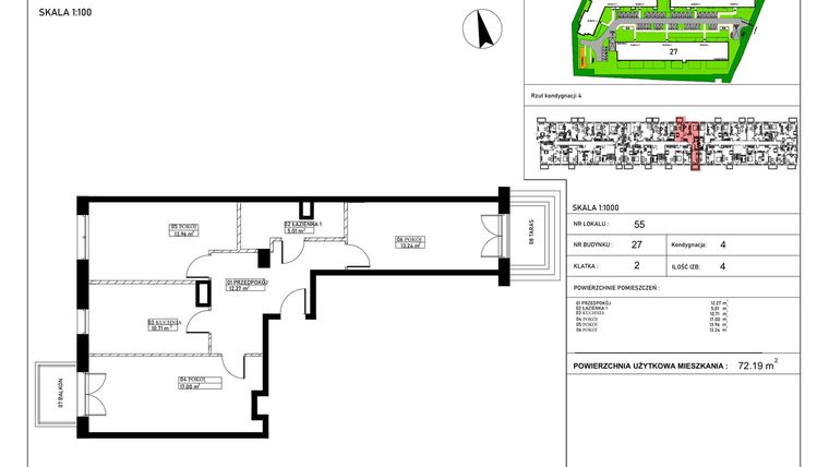 Rzut - Mieszkanie na sprzedaż 3 pokoje o powierzchni 72,19 m² - numer A55 w Harmonia + Karpia 27
