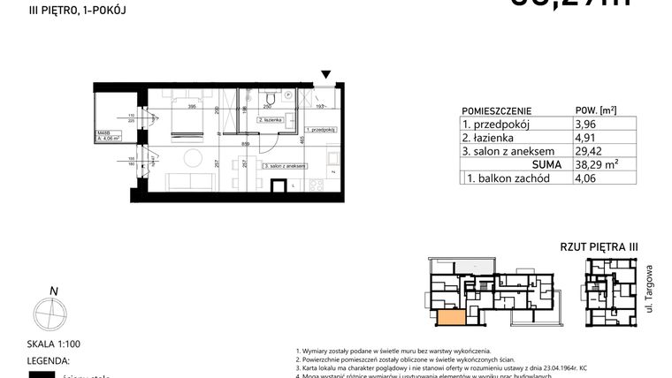 Rzut - Mieszkanie na sprzedaż 1 pokój o powierzchni 38,29 m² - numer M48 w Finezja