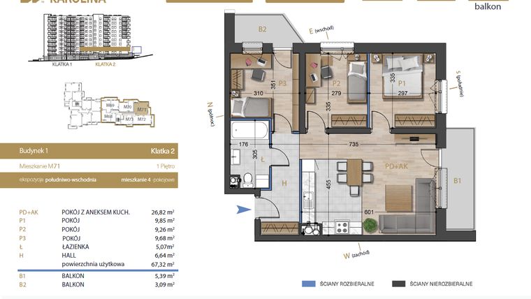 Rzut - Mieszkanie na sprzedaż 4 pokoje o powierzchni 67,32 m² - numer 71 w Osiedle Dakar Karolina