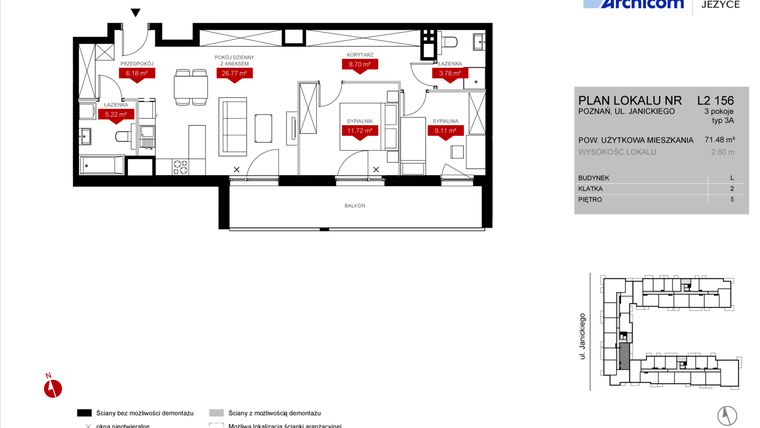 Rzut - Mieszkanie na sprzedaż 3 pokoje o powierzchni 71,48 m² - numer L2.156 w Wieża Jeżyce etap VI