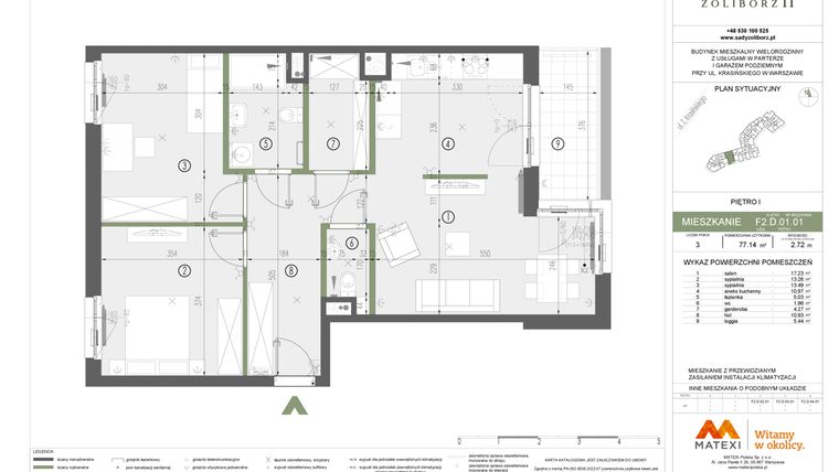 Rzut - Mieszkanie na sprzedaż 3 pokoje o powierzchni 77,14 m² - numer F2.D.01.01 w Sady Żoliborz II