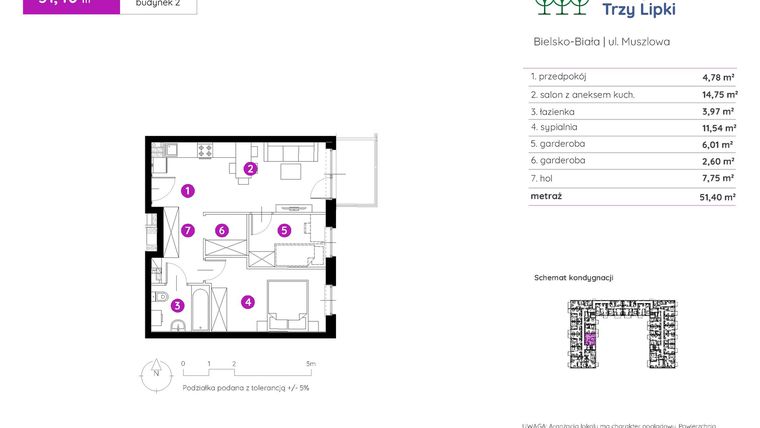 Rzut - Mieszkanie na sprzedaż 2 pokoje o powierzchni 51,4 m² - numer 2.A.1.12 w Murapol Trzy Lipki etap II