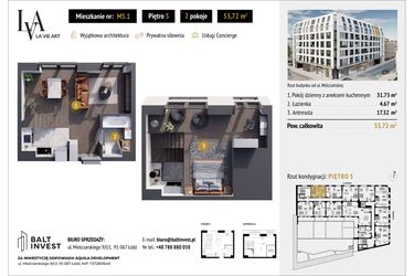 Rzut - Mieszkanie na sprzedaż 2 pokoje o powierzchni 53,72 m² - numer M5.1 w La Vie Art