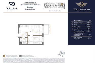 Rzut - Mieszkanie na sprzedaż 2 pokoje o powierzchni 40,21 m² - numer 30 w Warszawska 222 bud. D
