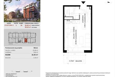Rzut - Mieszkanie na sprzedaż 1 pokój o powierzchni 26,42 m² - numer 38 w M|City