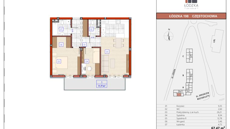 Rzut - Mieszkanie na sprzedaż 3 pokoje o powierzchni 67,71 m² - numer A.M.20 w Łódzka Osiedle