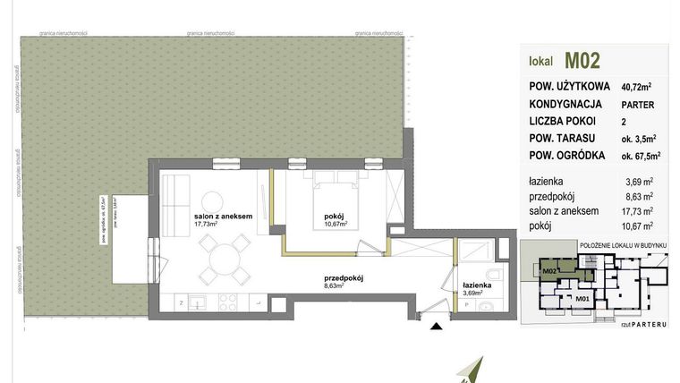 Rzut - Mieszkanie na sprzedaż 2 pokoje o powierzchni 40,72 m² - numer M02 w Międzylesie przy lesie