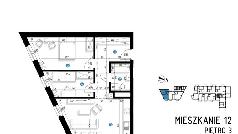 Rzut - Mieszkanie na sprzedaż 3 pokoje o powierzchni 65,1 m² - numer 6C.12 w Parkowa 6AC - ETAP III