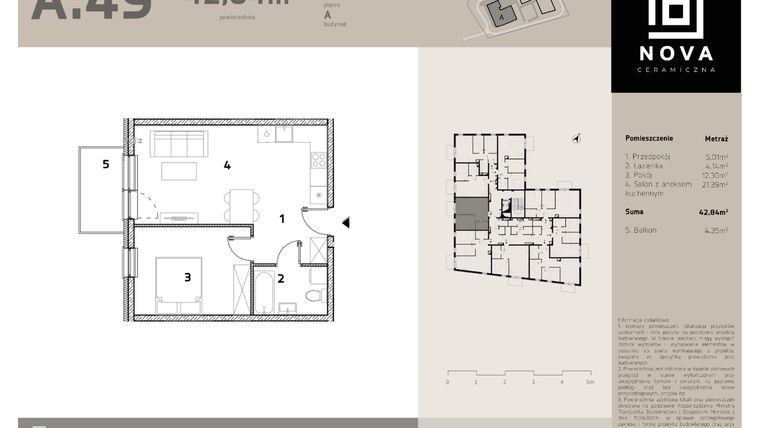 Rzut - Mieszkanie na sprzedaż 2 pokoje o powierzchni 42,84 m² - numer A49 w Nova Ceramiczna