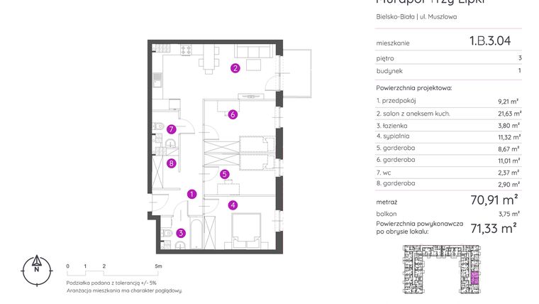 Rzut - Mieszkanie na sprzedaż 2 pokoje o powierzchni 71,33 m² - numer 1.B.3.04 w Murapol Trzy Lipki