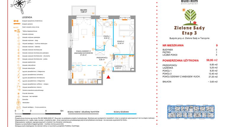 Rzut - Mieszkanie na sprzedaż 3 pokoje o powierzchni 59,95 m² - numer 9 w Zielone Sady etap III