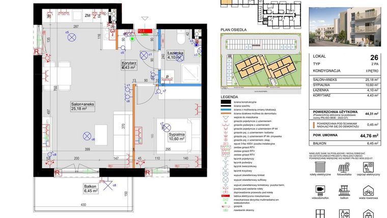 Rzut - Mieszkanie na sprzedaż 2 pokoje o powierzchni 44,31 m² - numer 26 w Harmony Antoninek