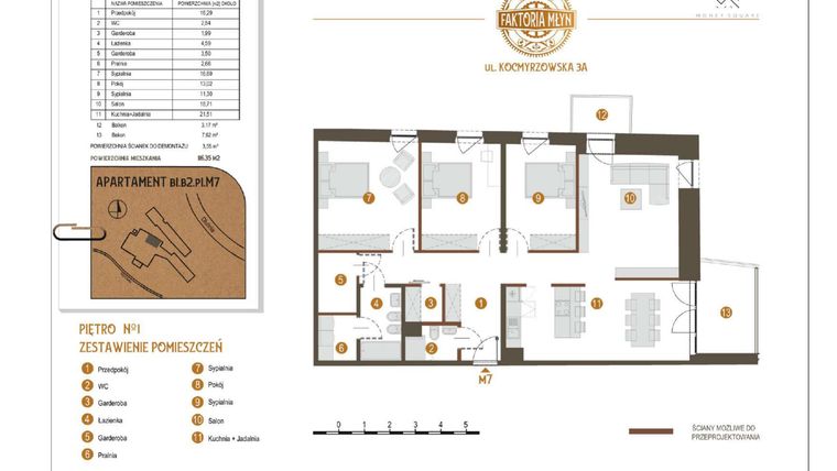 Rzut - Mieszkanie na sprzedaż 4 pokoje o powierzchni 116,35 m² - numer B1.B2.P1.M7 w Faktoria Młyn