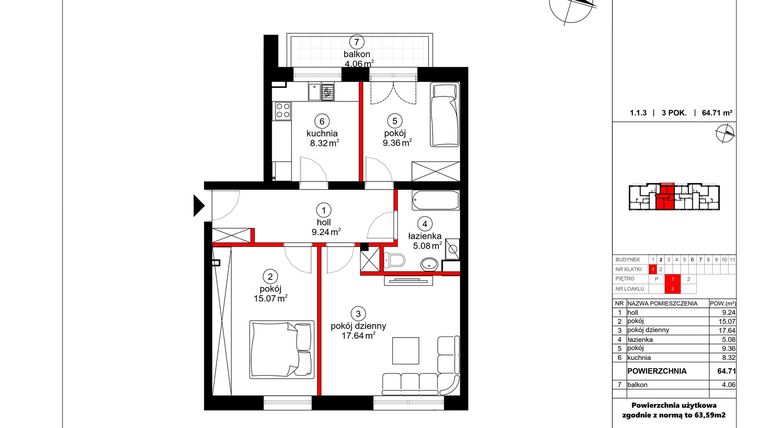 Rzut - Mieszkanie na sprzedaż 3 pokoje o powierzchni 63,59 m² - numer 3 w Czynu Społecznego 65F