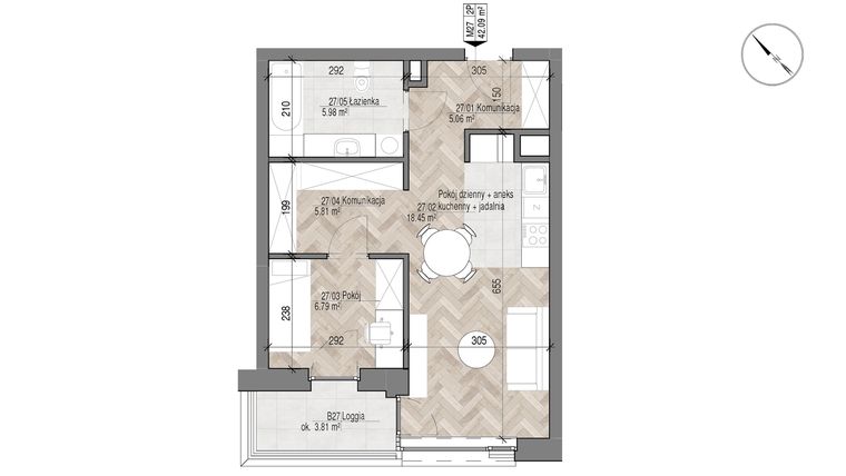 Rzut - Mieszkanie na sprzedaż 2 pokoje o powierzchni 42,09 m² - numer 27 w Apartamenty Czysta