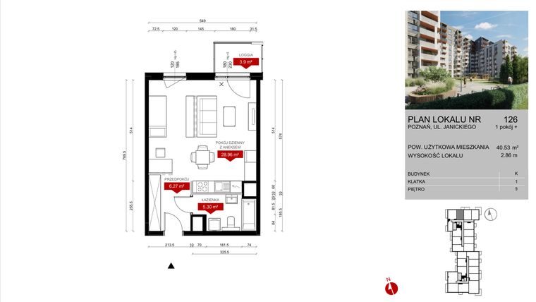 Rzut - Mieszkanie na sprzedaż 1 pokój o powierzchni 40,53 m² - numer K.126 w Wieża Jeżyce etap V