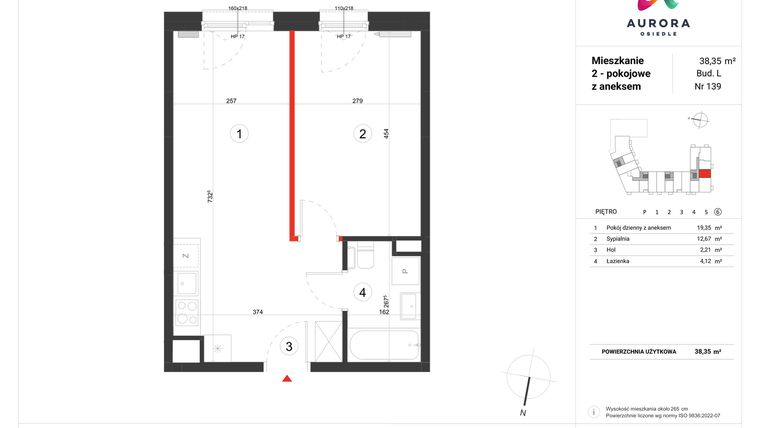 Rzut - Mieszkanie na sprzedaż 2 pokoje o powierzchni 38,35 m² - numer L-139 w Osiedle Aurora - bud. L