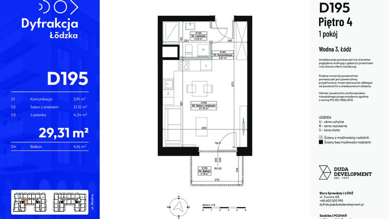 Rzut - Mieszkanie na sprzedaż 1 pokój o powierzchni 29,31 m² - numer D195 w Dyfrakcja Łódzka - bud. CD