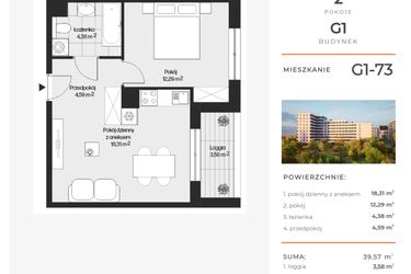 Rzut - Mieszkanie na sprzedaż 2 pokoje o powierzchni 39,57 m² - numer G1-73 w Piasta Park VI