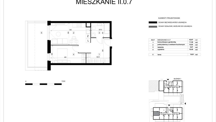 Rzut - Mieszkanie na sprzedaż 2 pokoje o powierzchni 42,97 m² - numer II.0.7 w Pryncypalna 66