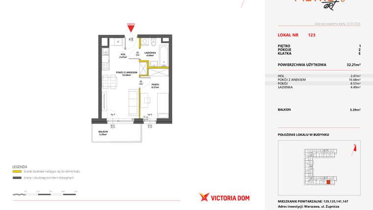 Rzut - Mieszkanie na sprzedaż 2 pokoje o powierzchni 32,21 m² - numer 123 w Metro Art 6