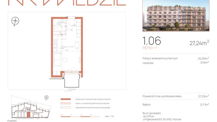 Rzut - Mieszkanie na sprzedaż 1 pokój o powierzchni 27,23 m² - numer 1.06 w Na Wildzie