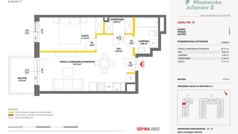 Rzut - Mieszkanie na sprzedaż 2 pokoje o powierzchni 41,65 m² - numer 12 w Miasteczko Julianów etap 2