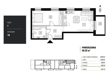 Rzut - Mieszkanie na sprzedaż 2 pokoje o powierzchni 50,28 m² - numer M.18 w Zielony Horyzont II